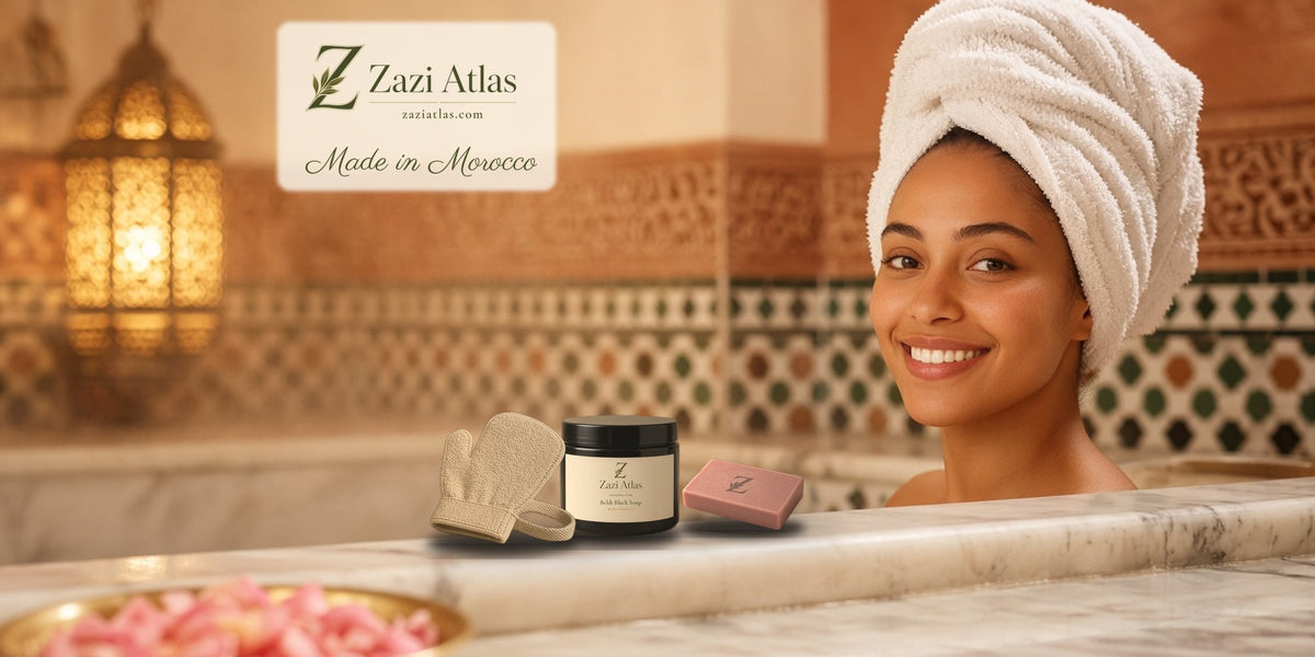 Hammam ritual with Zazi Atlas black soap, kessa glove and rose soap